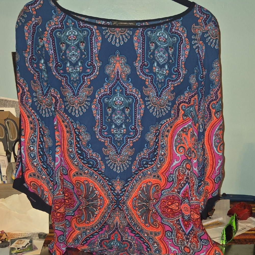 Adrianna Papell Navy Paisley Blouse with Pink and Orange Accents
